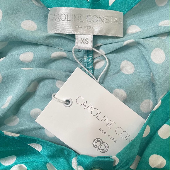 Caroline Constas Turquoise Poppy Ruched Silk Mini Polka Dot Ruffle Hem - Picture 5 of 6